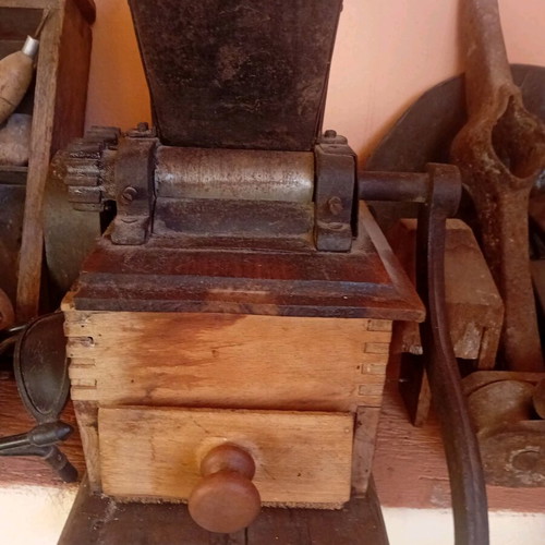 Grinding mill used, wooden with metal parts, antique