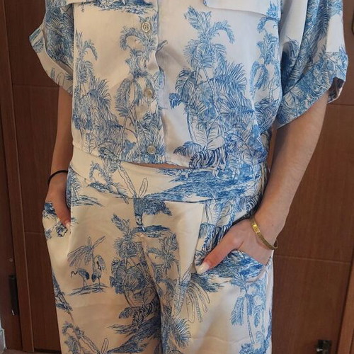 Summer set cropped shirt and high-waisted zip culottes new, tropical print