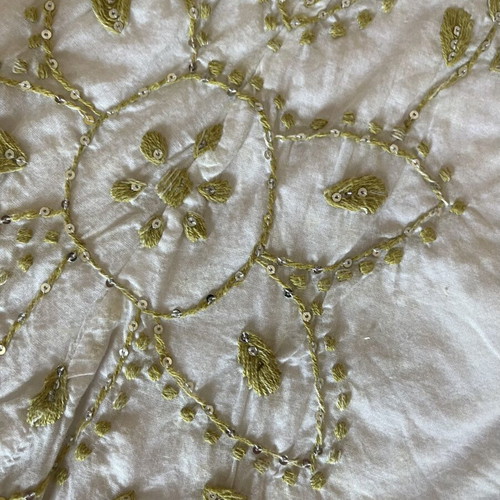 Boho skirt white with olive and gold embroidery and pom poms used, size M
