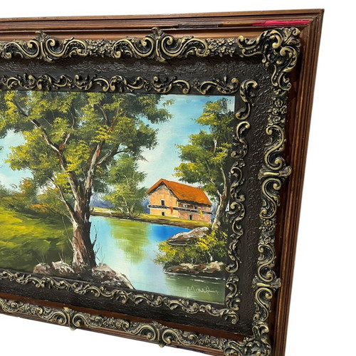 Vintage signed painting with carved frame used 80x130 with damage