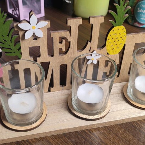 Wooden Hello Summer decoration with 3 tealights like new