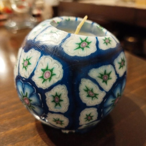 Handmade Millefiori candle like new, decorative with blue floral design