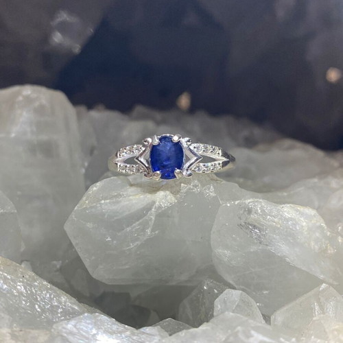 Handmade silver ring with natural blue sapphire and moissanites size 8
