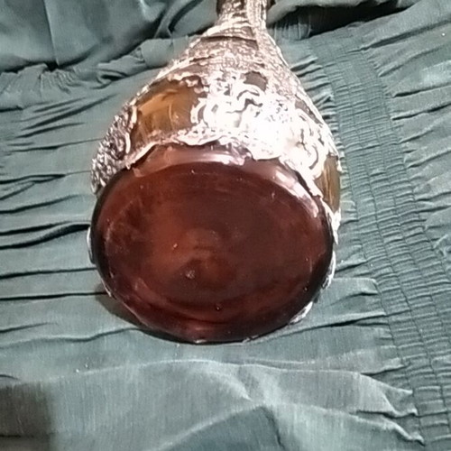 Vintage glass carafe with metal filigree decoration like new