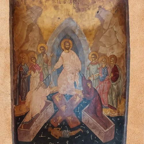 Resurrection icon used on antique kneading trough 1850