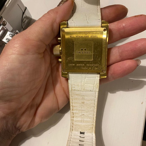 TW Steel White Dial Gold Tone Square Case 42mm Unisex Watch like new with leather strap