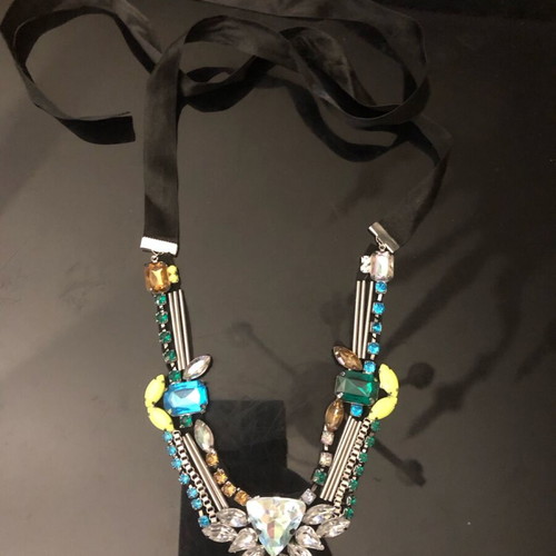 Statement necklace like new with multicolored stones and black satin ribbon
