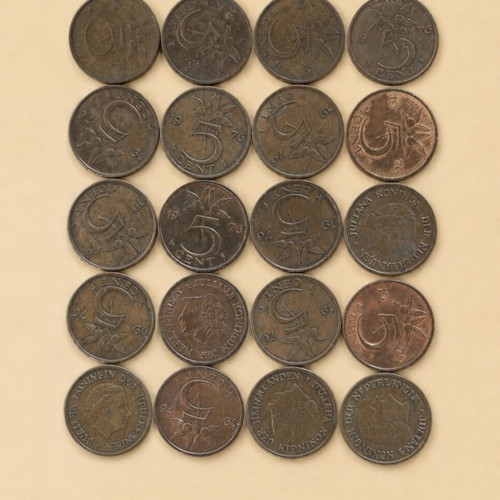Dutch 5 Cent Coins Used Lot of 20 from 1976 Queen Juliana Era