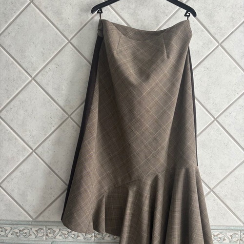 Antonio Markos asymmetrical designer midi skirt, pinstripe and checked