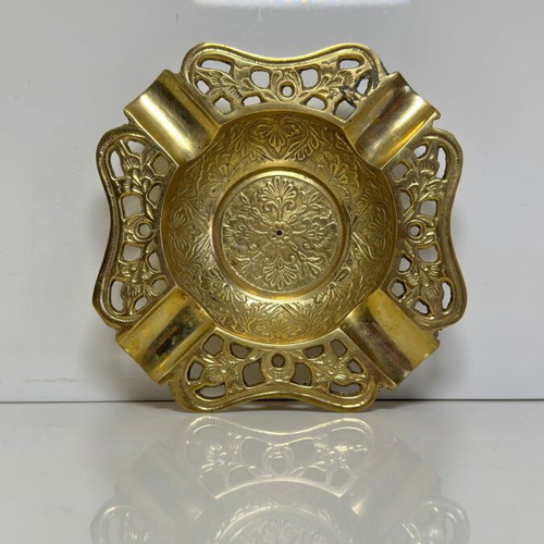 Vintage handmade brass ashtray with floral engravings