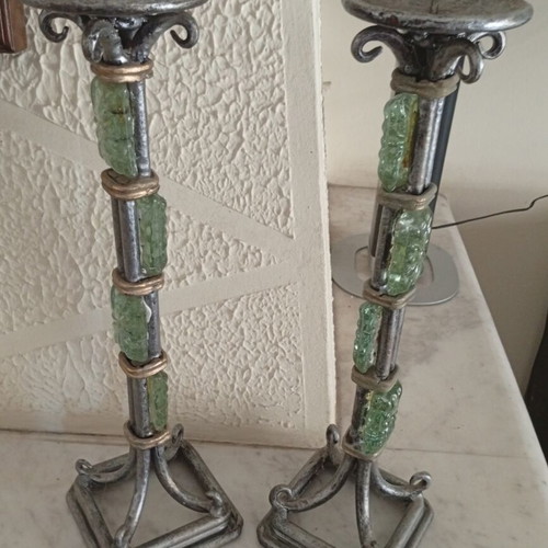 Pair of large handmade pewter candlesticks with green glass decoration