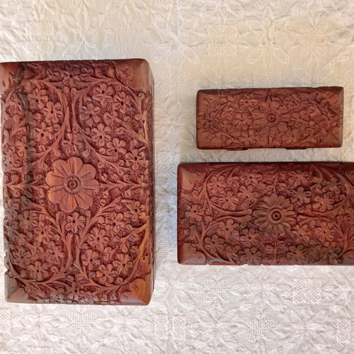 Set of 3 handmade woodcarved boxes from rosewood with velvet lining