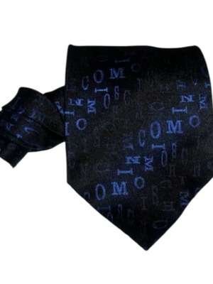 Moschino logo print neck tie new, black and blue silk