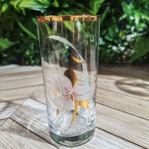 Vintage highball glass with gold rim and orchid decoration, 200 ml