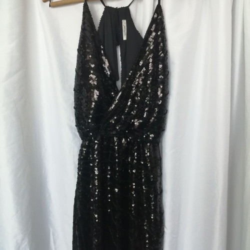 Voyelles short dress with sequins and beads, deep neckline, size S, like new