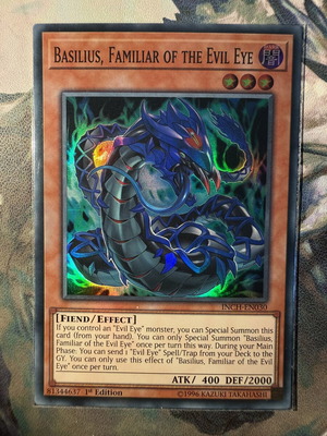 trap card yugioh with basilius on the art Basilius, Familiar of Evil Eye / Super - INCH-EN030 2 Insect and/or Plant monsters This Link Summoned card is unaffected by Trap effects YuGiOh Trading Card Game Burst