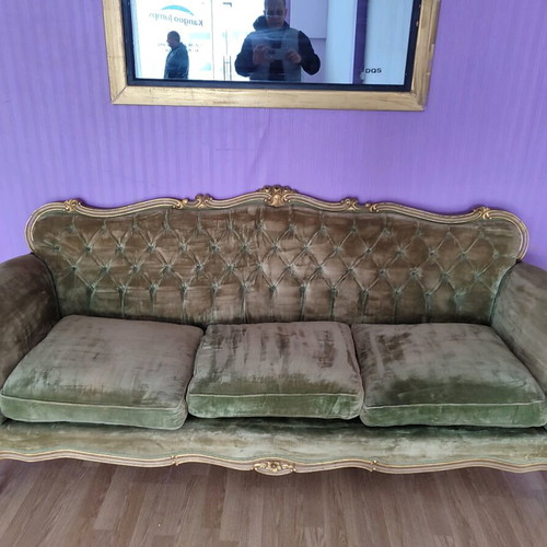 Ludovic carved sofa refurbished, gold-khaki velvet