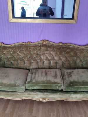 Ludovic carved sofa refurbished, gold-khaki velvet