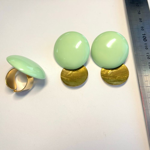 Oversized Mint Glazed Statement Earrings and Ring Set Gold Tone