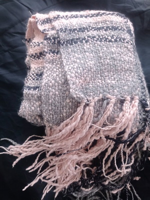 Scarf used pink with fringes and gray-black shades