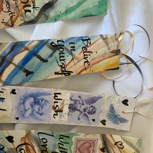 Handmade bookmarks pack of 4, watercolor and collage