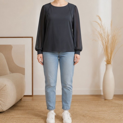 Orsay mako blouse size L, dark grey with sheer sleeves