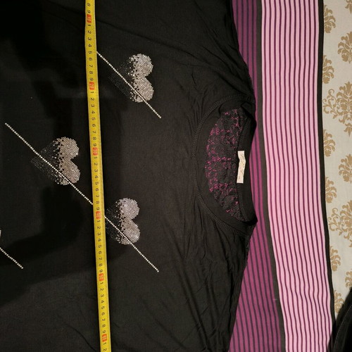 Short-Sleeve Blouse new, black, size XL with rhinestone hearts
