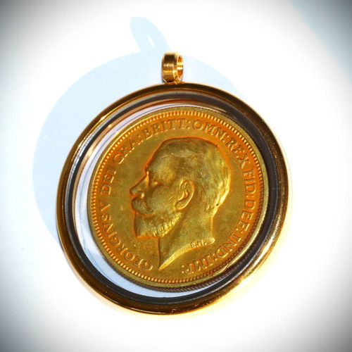 English Gold Pound Pendant 22K Gold Plated in Glass Case