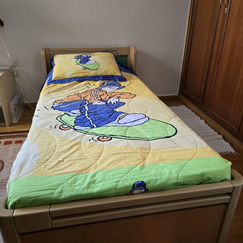 Single wooden bed with mattress used, orthopedic slatted base