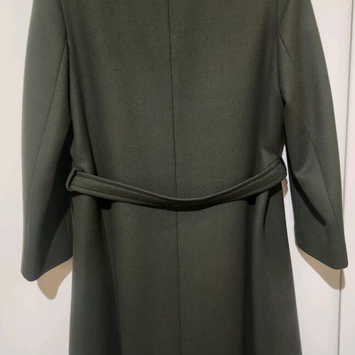 Vintage women's long full wool coat with fur collar like new, green khaki, size M/L