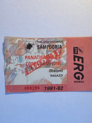Εισιτήριο Σαμπντόρια - Παναθηναϊκός, Κύπελλο Πρωταθλητριών 1991-92