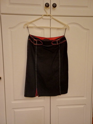 Black denim skirt with red satin details, like new, size S