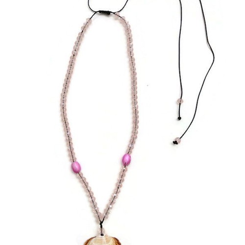 Handmade shell necklace new with black macrame cord and pink crystal beads