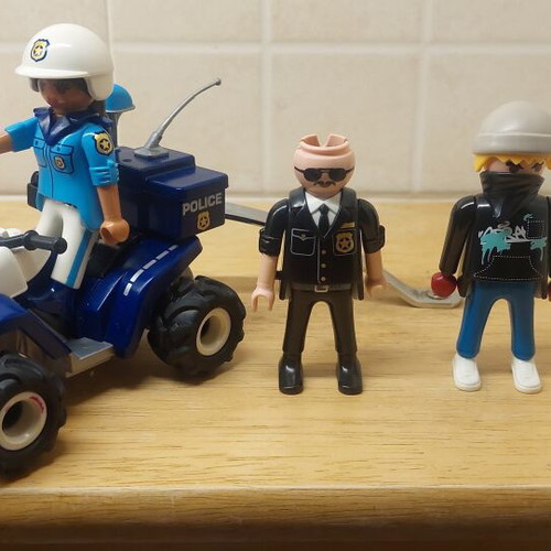 Playmobil set of 3 including water cannon, police with bike, graffiti officer