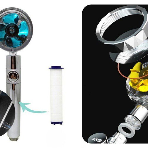 ShowerUp shower handle with rotating fan and filter