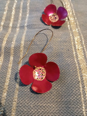 Handmade enamel earrings used, silver hoop, bronze flower