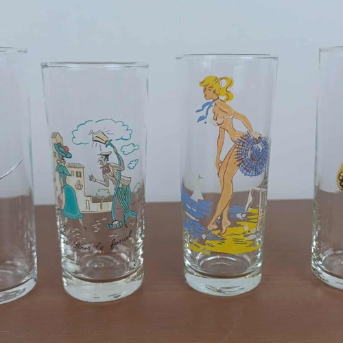 Vintage ouzo glasses used, set of 7 with one broken