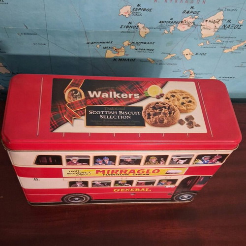 Collectible metal Walkers tin used, vintage London double-decker bus