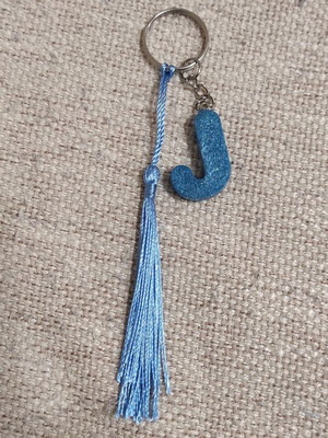 Handmade keychain with resin letter J and tassel