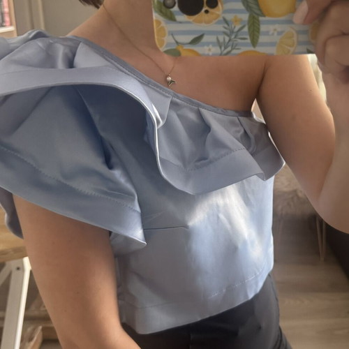 Crop top with one shoulder and ruffles used, blue, size M