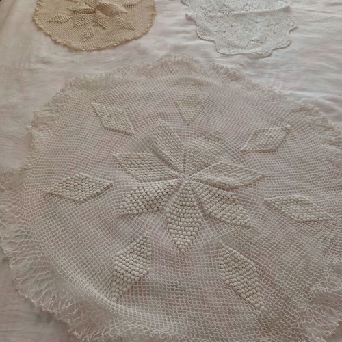 Two small handmade crochet round table linens used, beige and brown