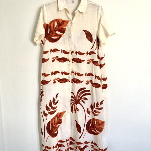 Summer Linen Dress Kimono Caftan S/M new, beige with tropical print