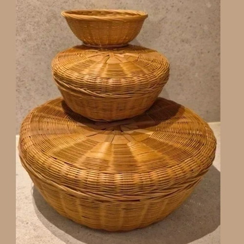 Wicker Storage Baskets Set of 3 with Lids, Like New, Round Boho
