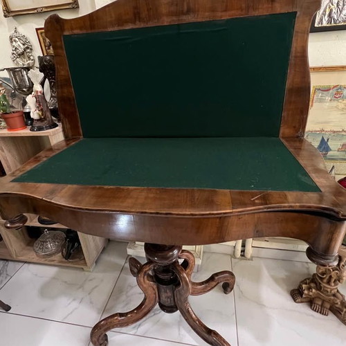 Antique table used, folding, solid walnut with storage space