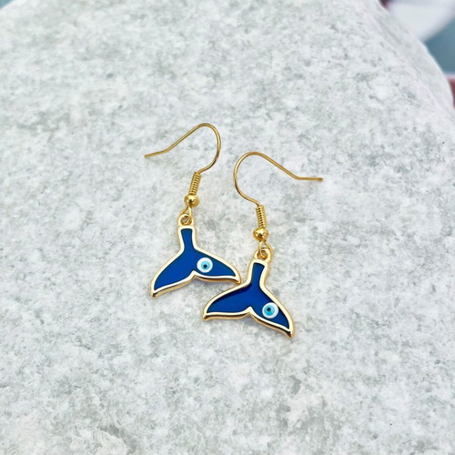 Whale gold earrings with blue details and eye new