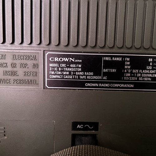 Vintage Crown CRC-466FW portable cassette player used with 3-band radio