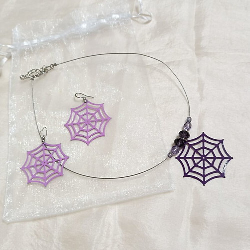 Spider web necklace and earrings set, purple and lilac