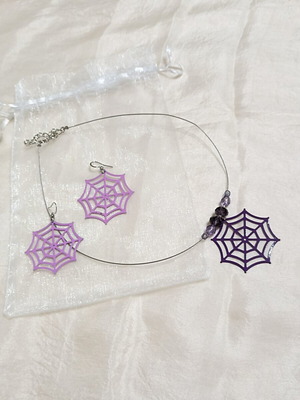 Spider web necklace and earrings set, purple and lilac