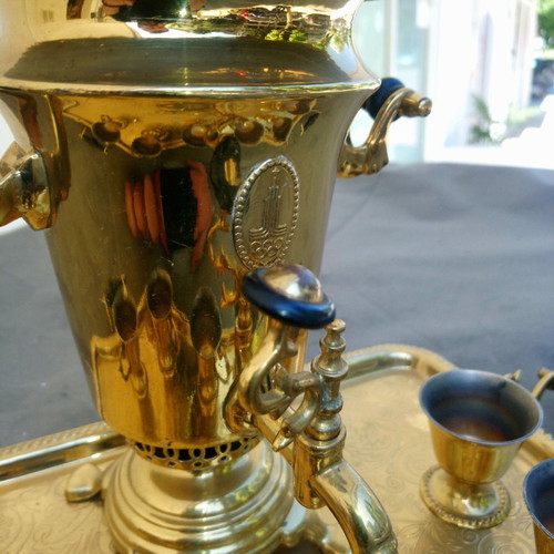 Small Russian Samovar OA Moscow new with tray and 6 tea cups