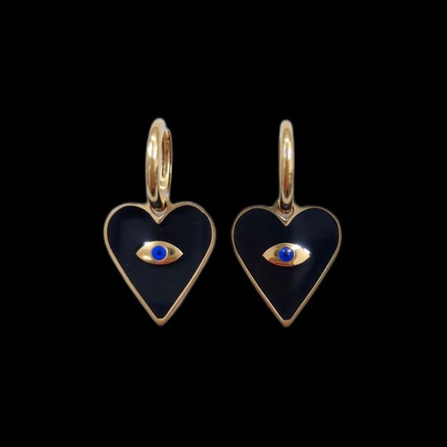 Steel Earrings with Black Heart and Eye New, Gold and Black